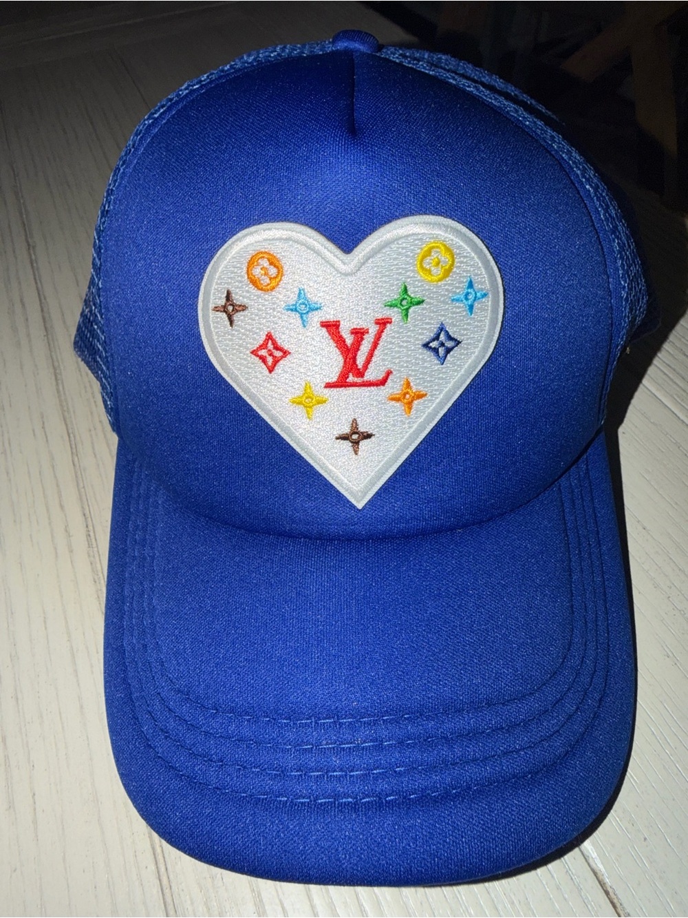 Royal Blue Heart Logo Trucker Cap Upcycled Louis Vuitton